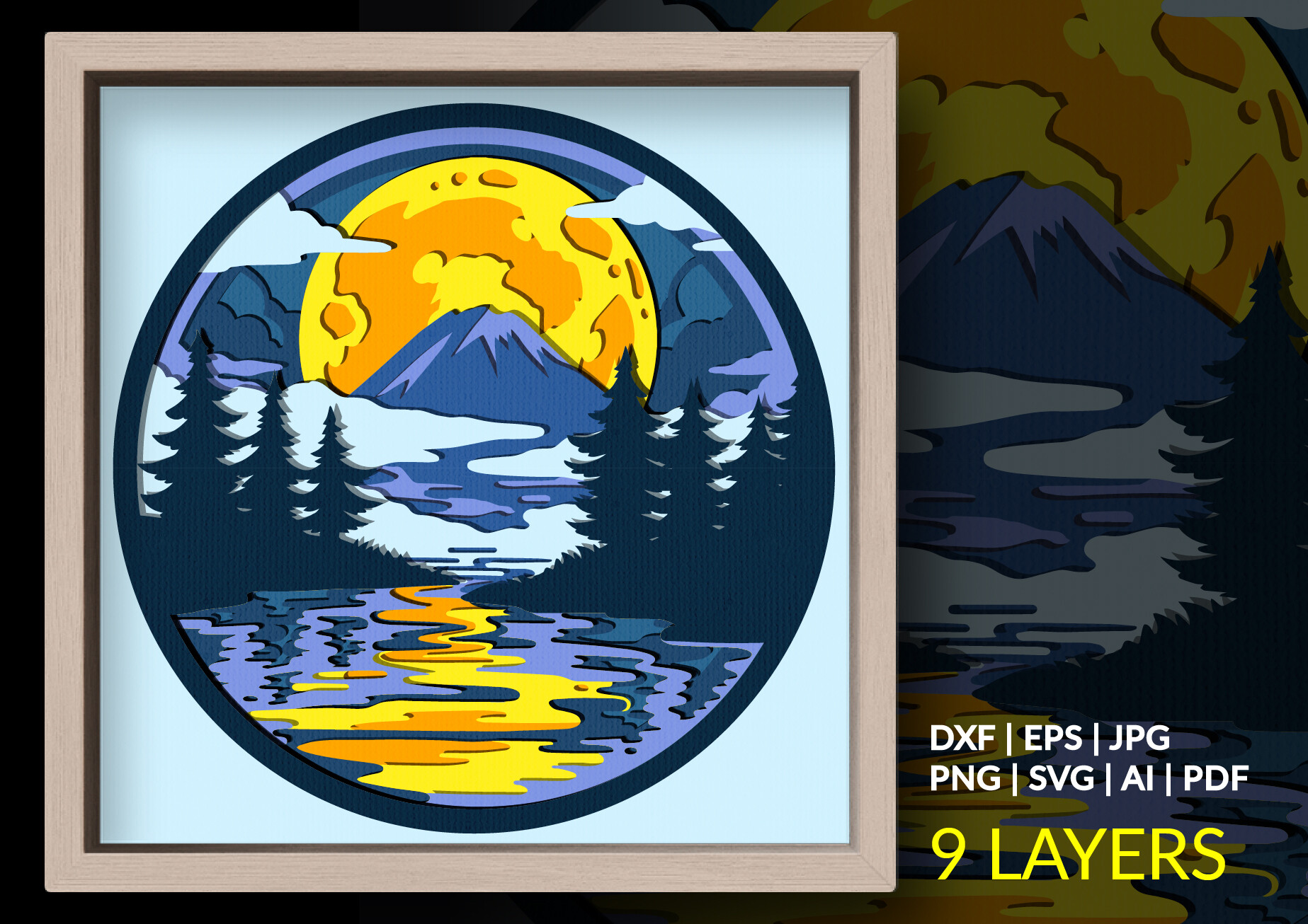 Moonlight Mountain Lake Shadow Box SVG 9 layer nature pine forest moon Cricut