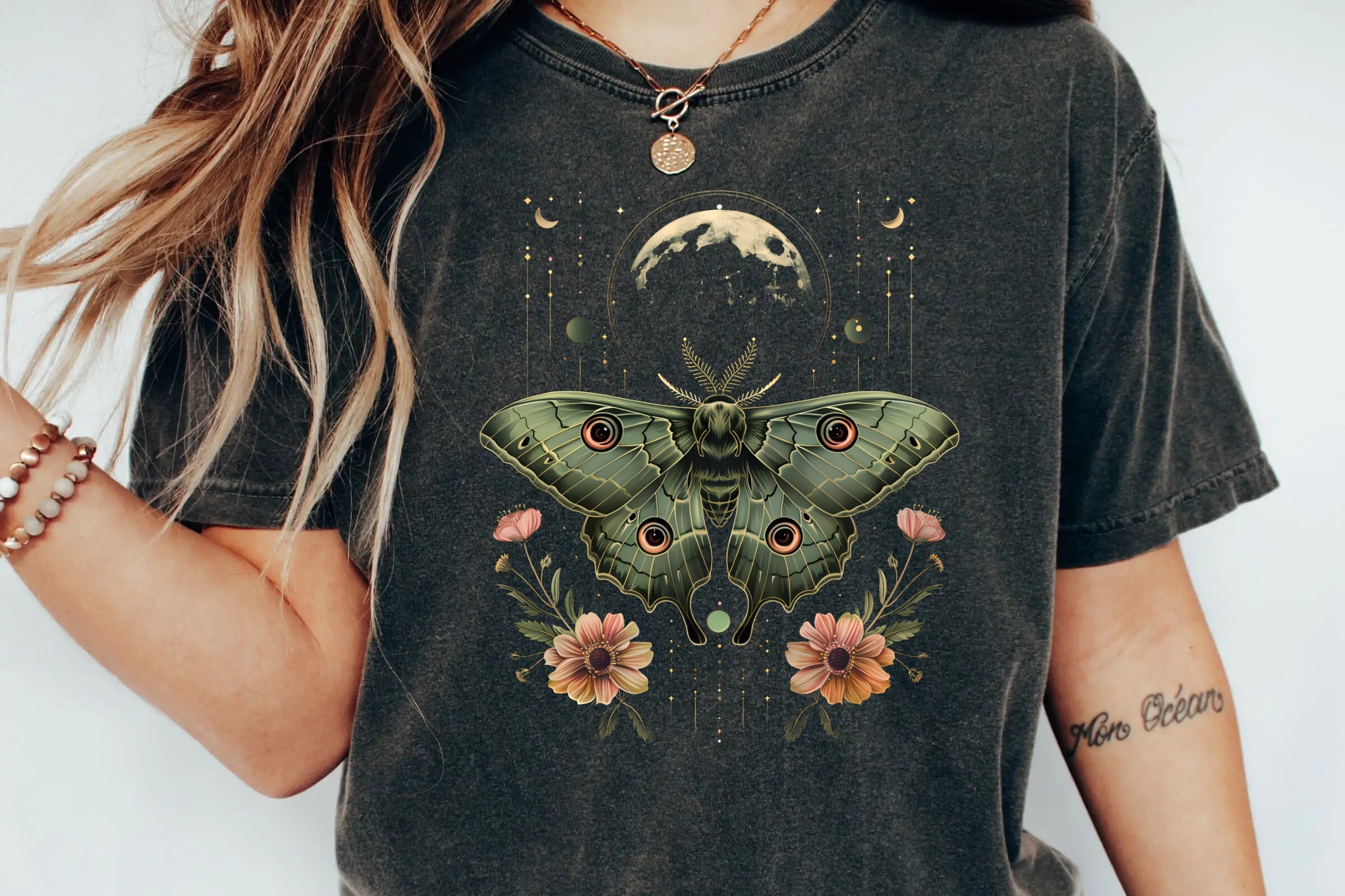 Mystical Celestial Luna Moth Moon Phase Vintage Floral Butterfly Art Png