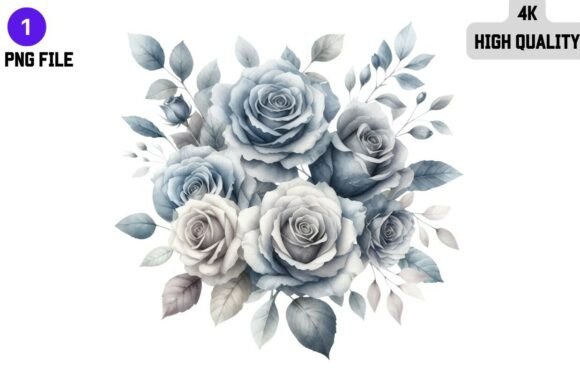 Blue Gray Roses Watercolor Floral PNG