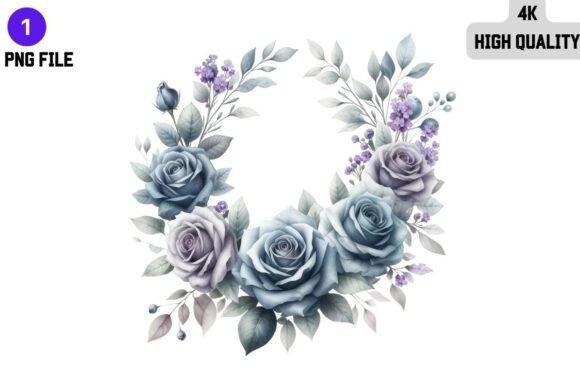 Blue Purple Rose Wreath PNG Watercolor