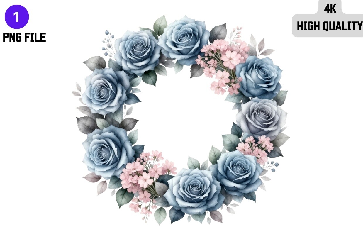Blue Rose Wreath PNG Sublimation Design