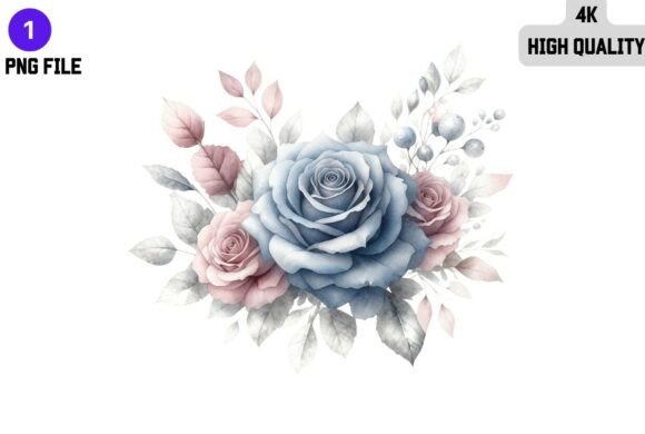Blue and Pink Roses Watercolor Floral