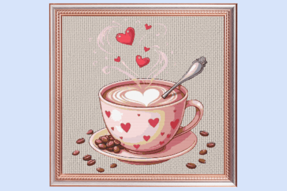 Cute Coffee Cup with Hearts Cross Stitch