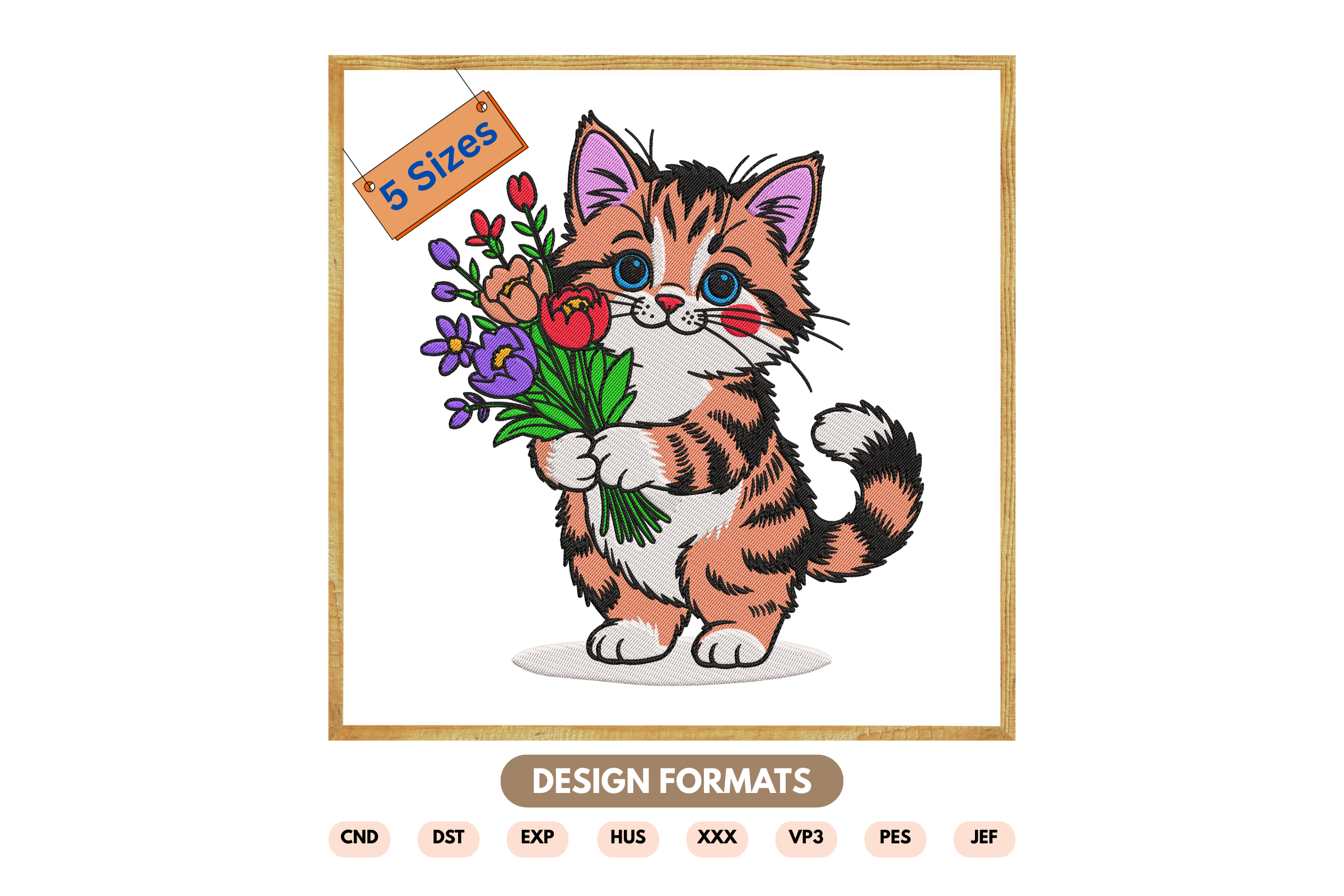 Cute Kitten with Flowers Embroidery Desi