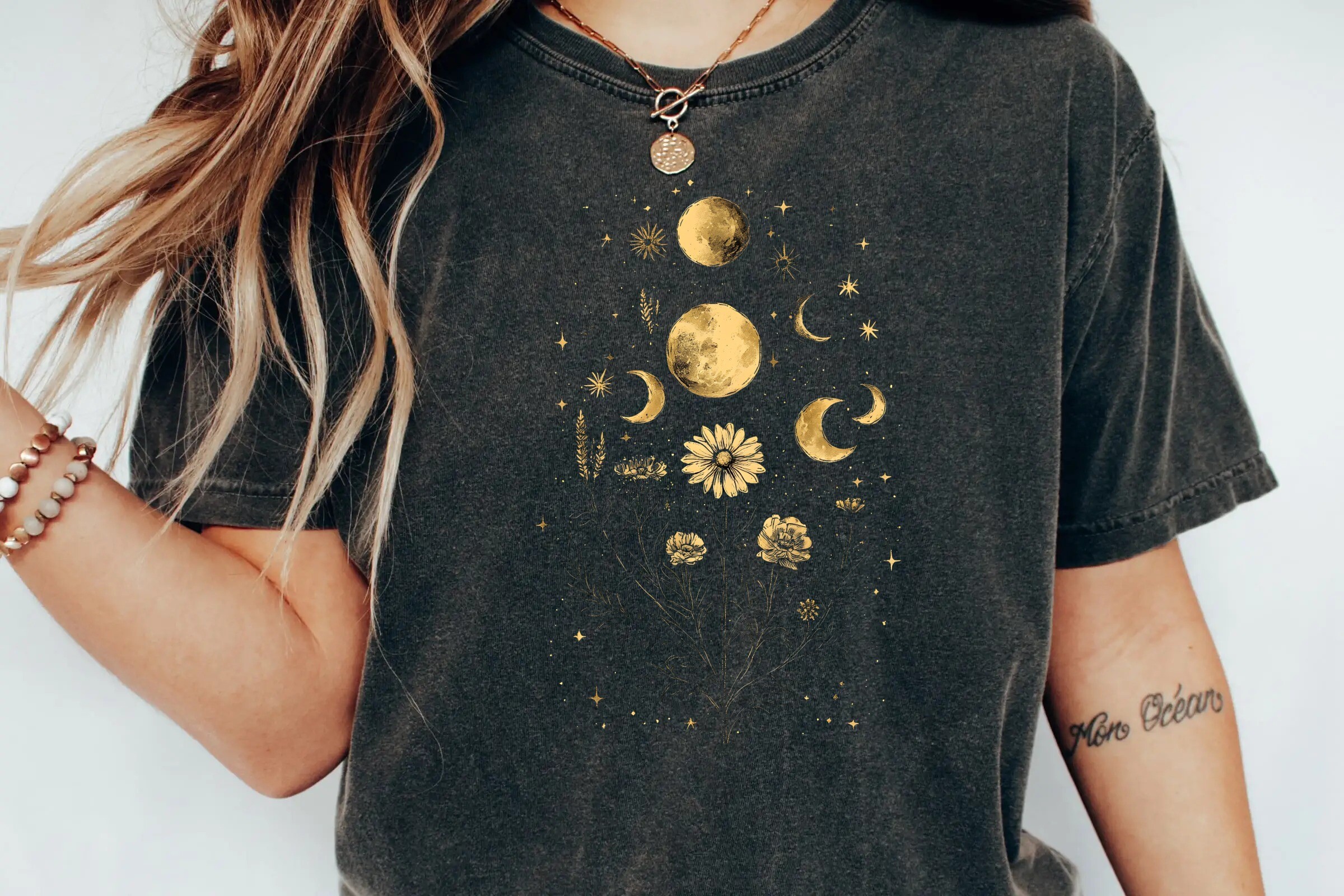 Mystical Moon Phases and Wildflower Floral Bouquet Gold Celestial Aesthetic Png