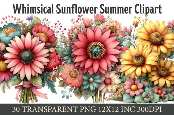 whimsical sunflower summer clipart with bright floral elements, cheerful aesthetic png graphics