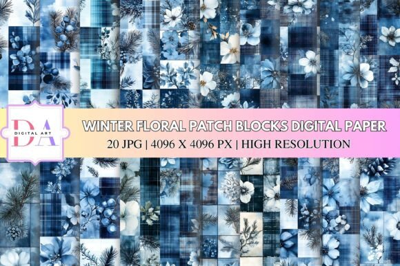 Winter Floral Patch Blocks Digital Paper