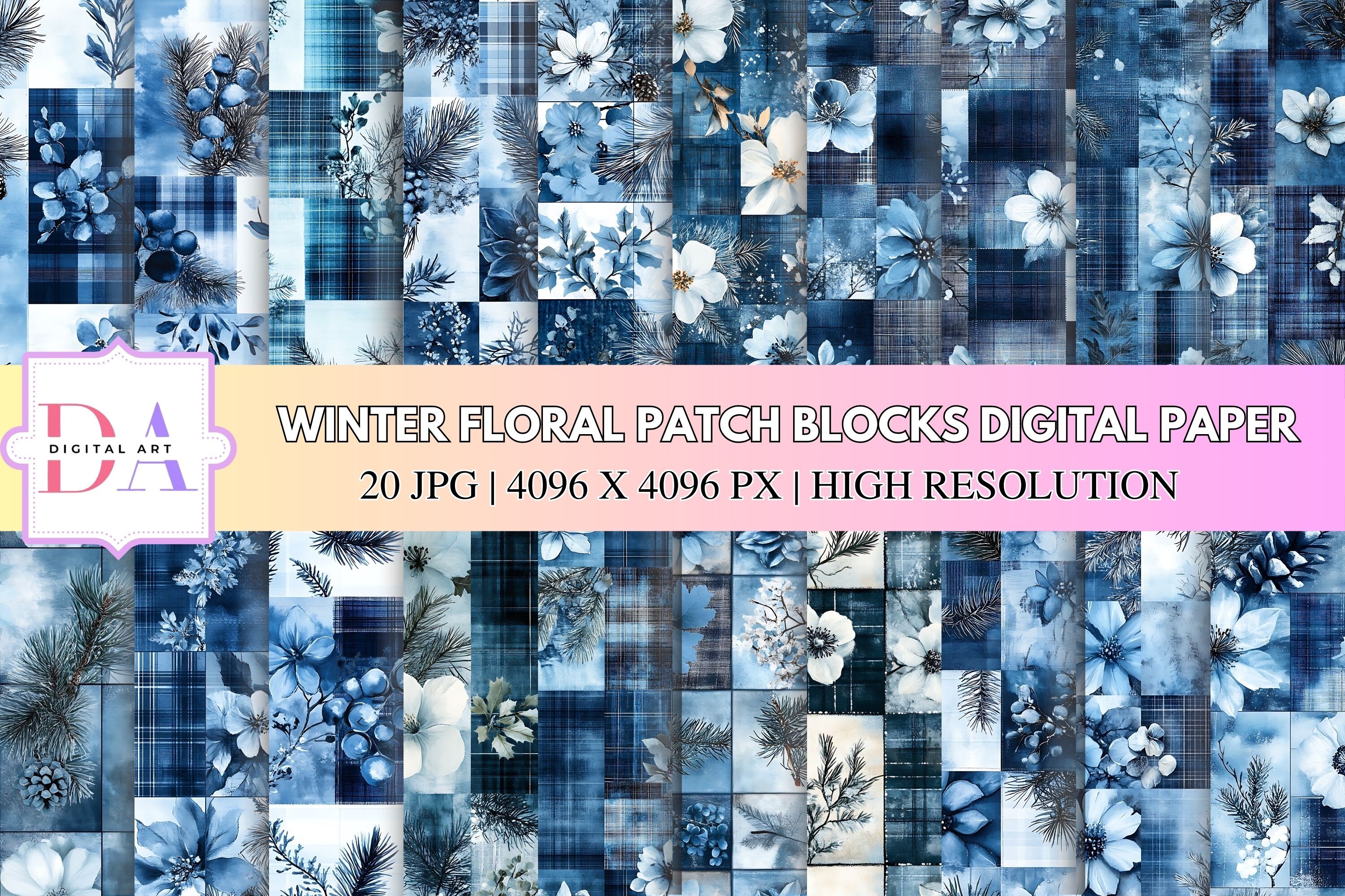 Winter Floral Patch Blocks Digital Paper