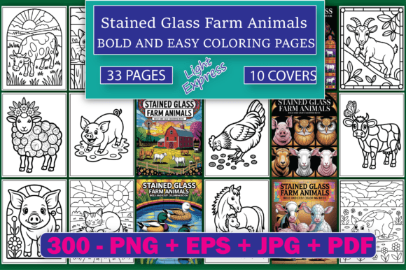 Stained Glass Farm Animals Coloring Book