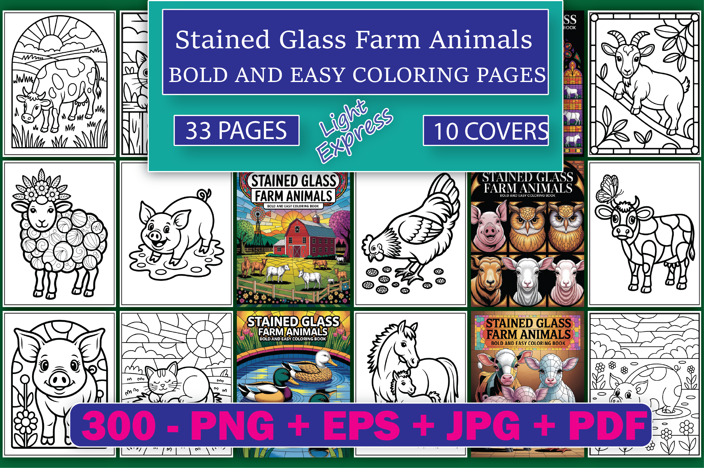 Stained Glass Farm Animals Coloring Book