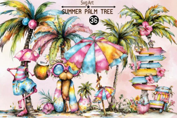 Whimsical Summer Palm Tree Clipart Bund Graphic by SVGArt · Creative ...