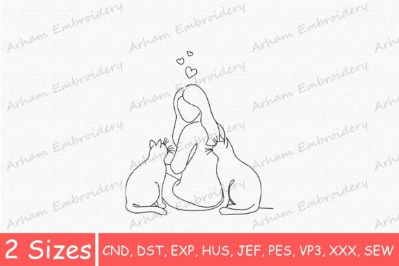Woman with Cats Line Art