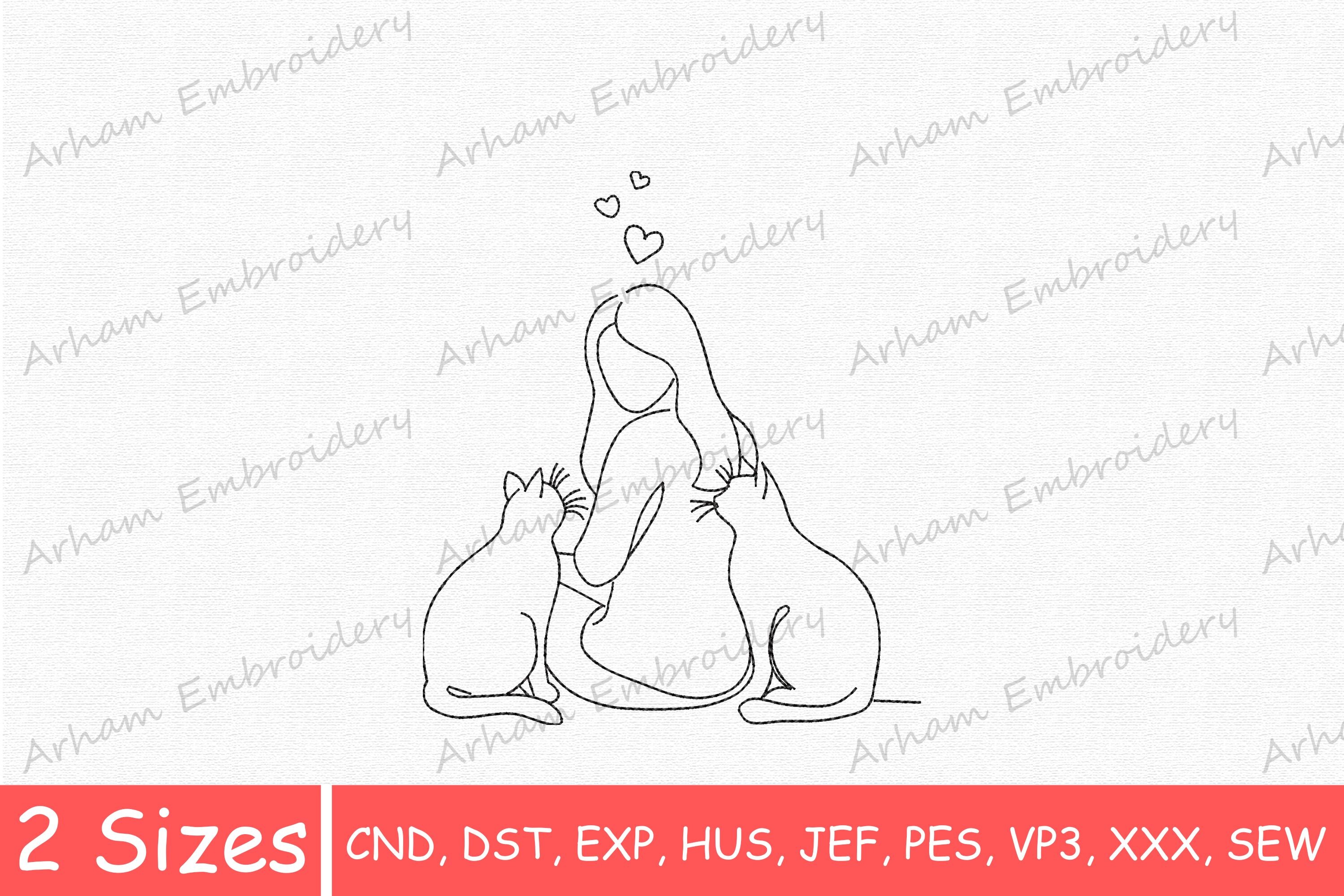 Woman with Cats Line Art