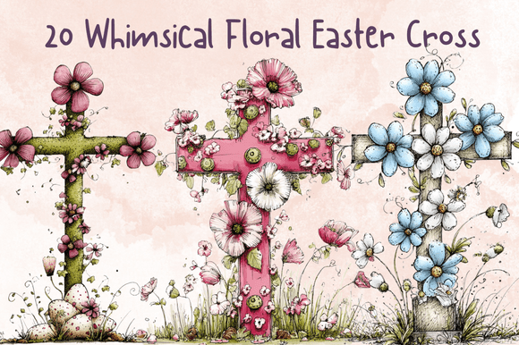 20 Whimsical Easter Cross, Floral Spring