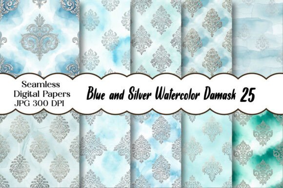 Blue and Silver Watercolor Damask