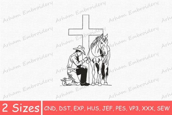 Cowboy Kneeling with Horse and Cross