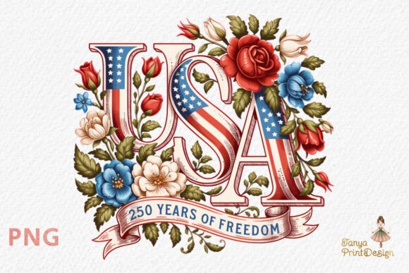 USA 250 Years of Freedom Floral PNG Graphic T-shirt Designs By TanyaPrintDesign
