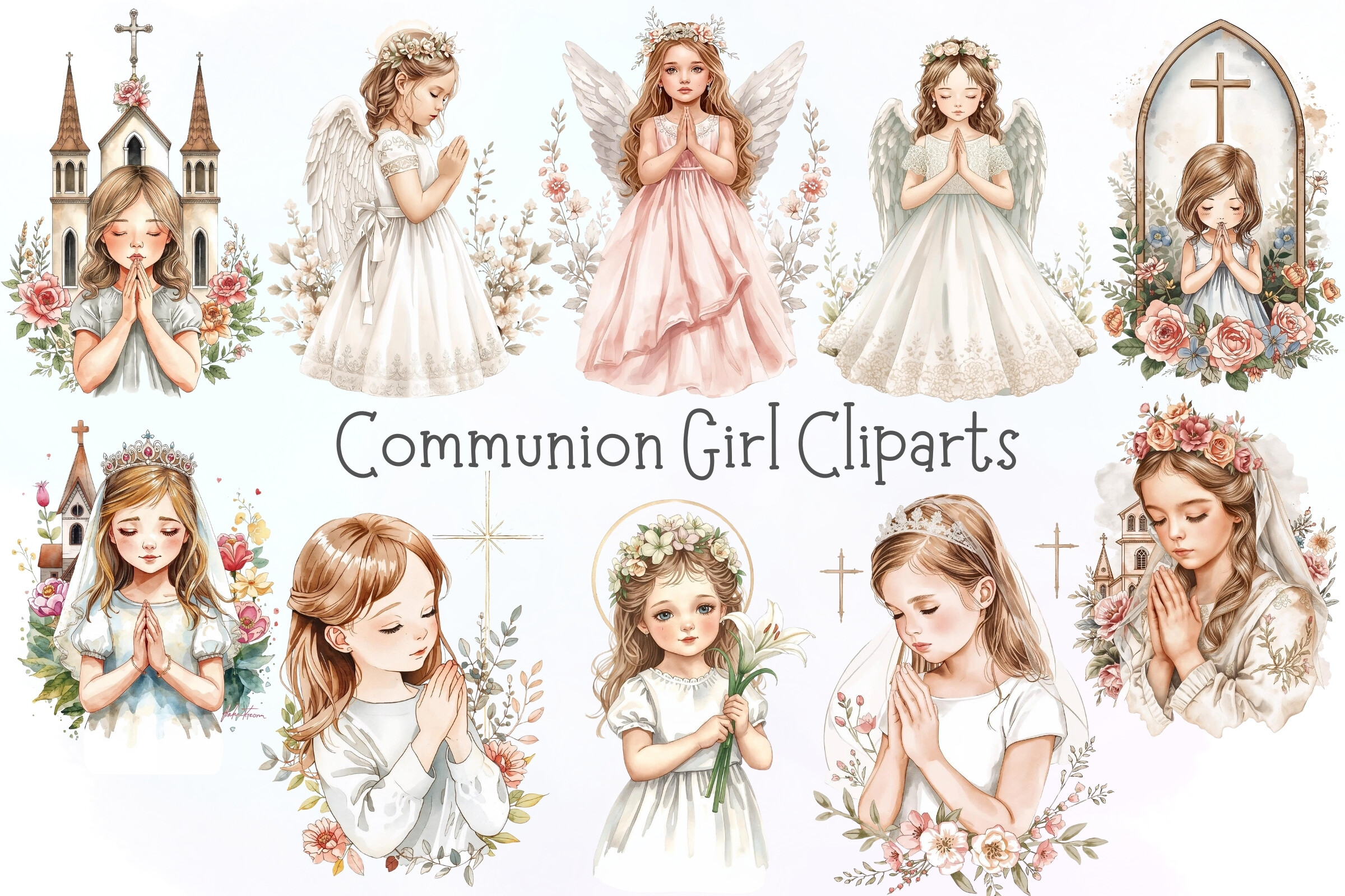 Watercolor Communion Girl Pngs Set