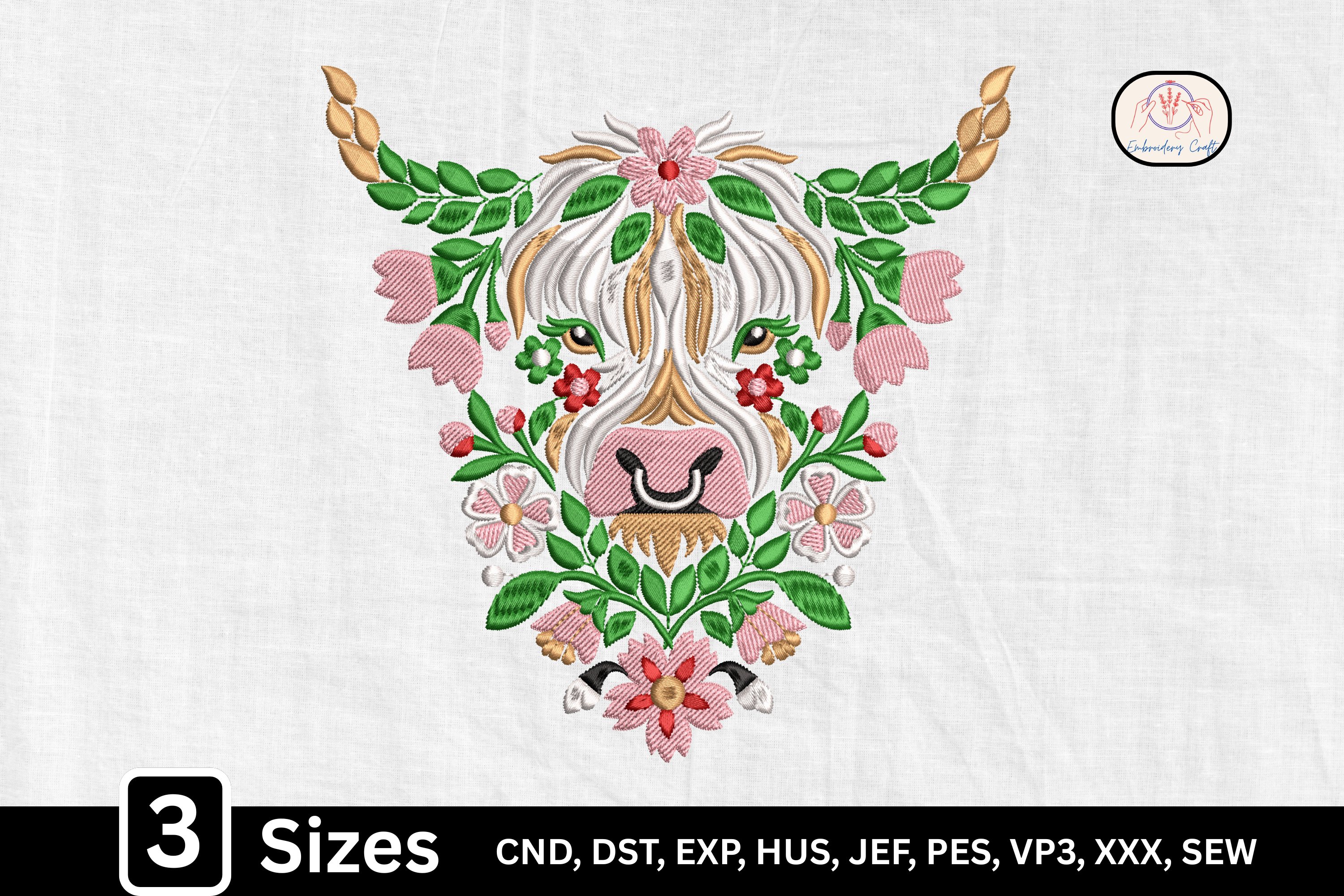 Floral Highland Cow, Folk Art Cow