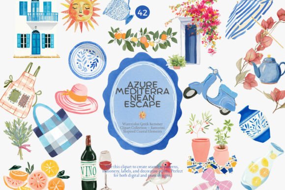 greek summer clipart set with mediterranean coastal elements, blue and white aesthetic vacation graphics