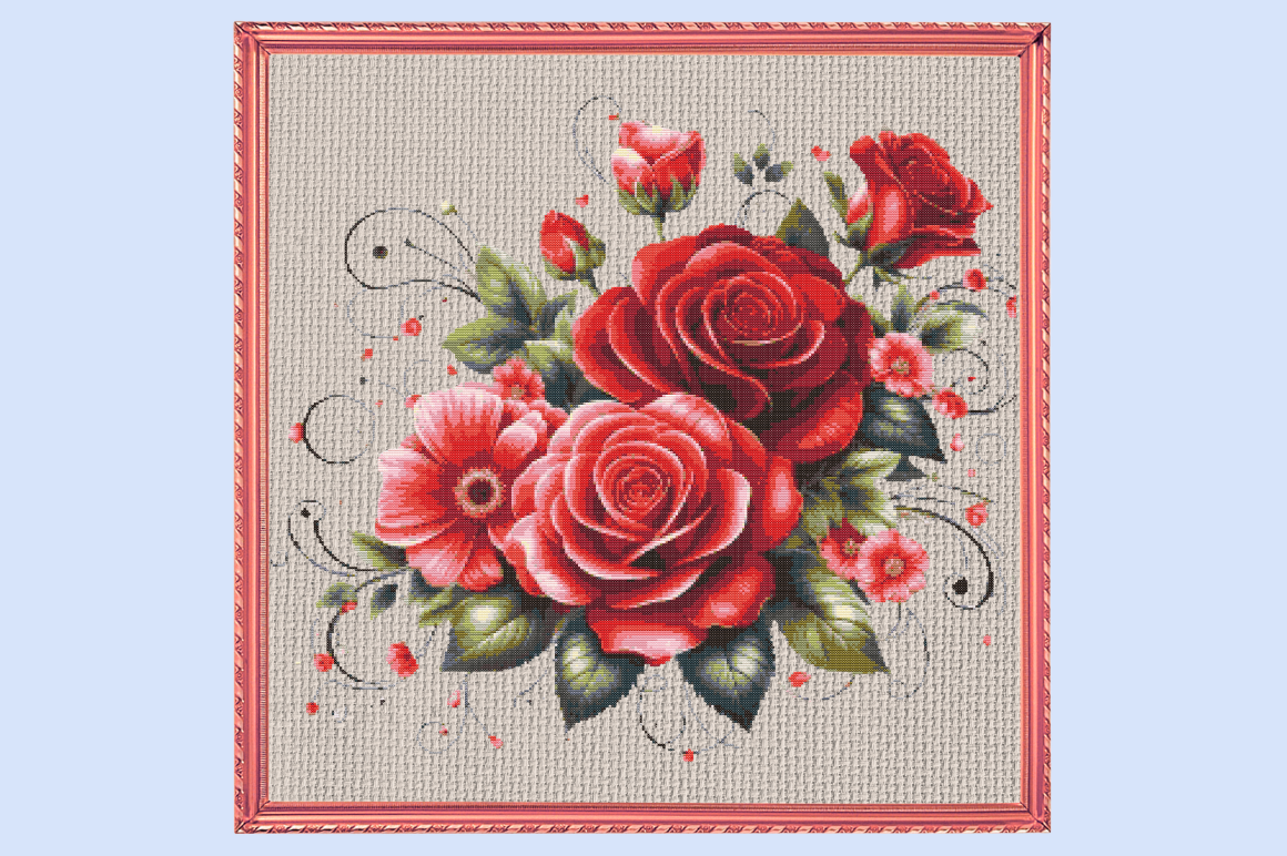 Elegant Red Roses Floral Cross Stitch De
