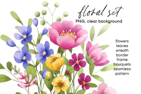 Floral Set with Flowers and Leaves.