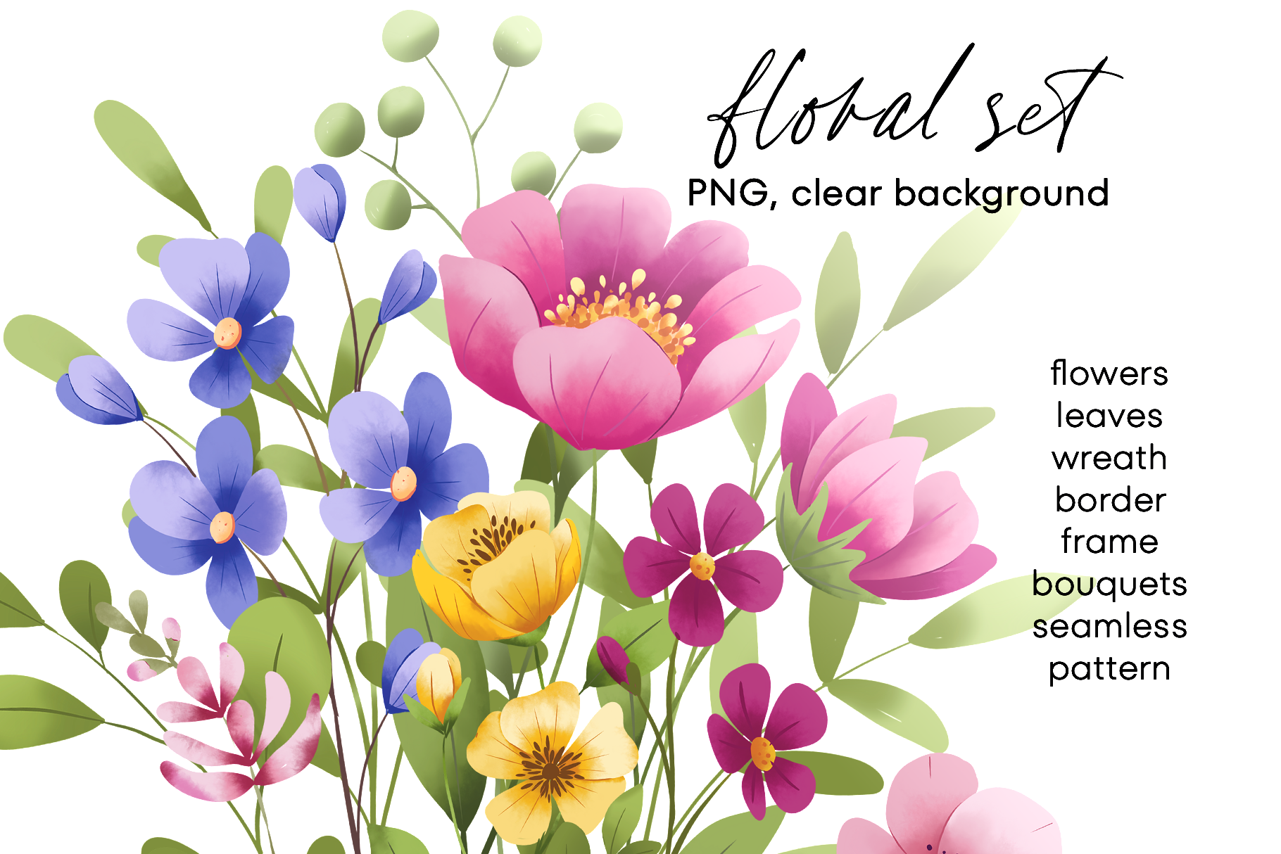 Floral Set with Flowers and Leaves.