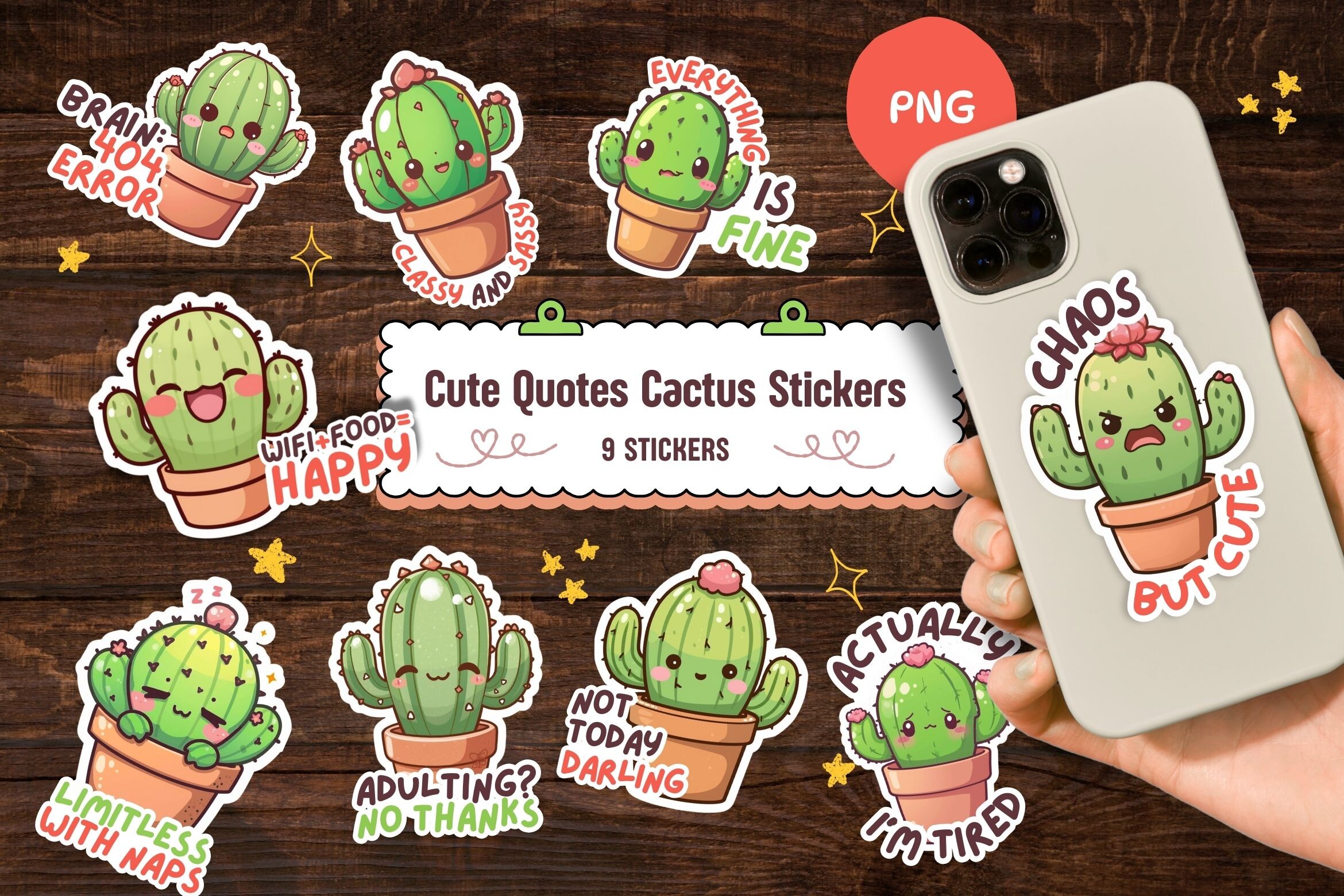 Funny Quotes Cactus Stickers Set - PNG