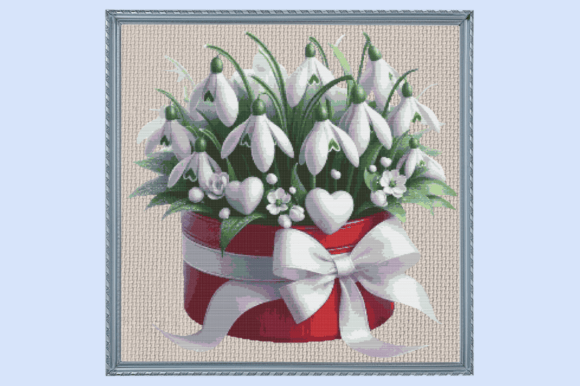 Snowdrop Flowers in Heart Box Cross Stit