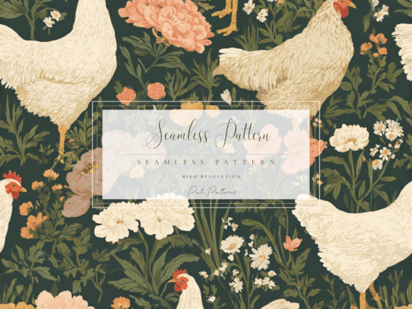Vintage Chicken Seamless Pattern with Flowers PNG