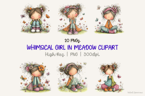 Whimsical Girl in Meadow Clipart