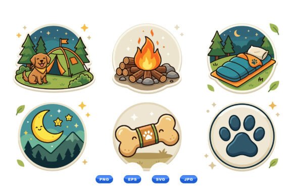 Camping dog sticker pack with multiple dogs in outdoor scenes