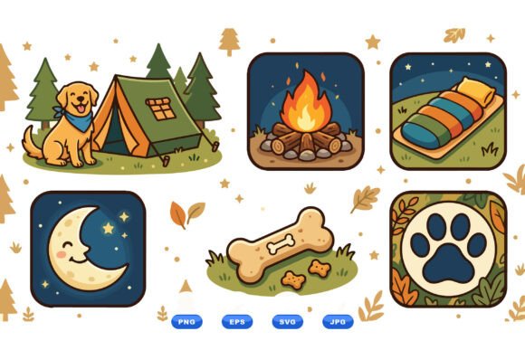 Cute camping dog clipart with tent, lantern, and campfire scene