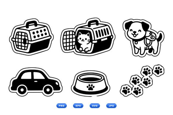 Pet travel icon set with passport, suitcase, paw, and airline elements