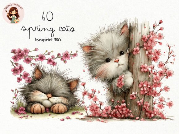 Spring Cat Clipart PNG Bundle Afbeelding Afdrukbare Illustraties Door Nicolle's Colorful Art