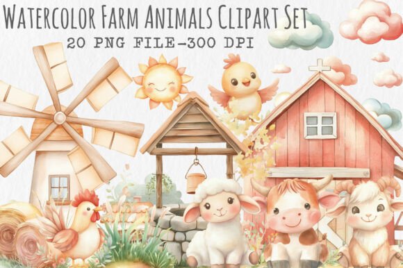Watercolor Farm Animals Clipart Set