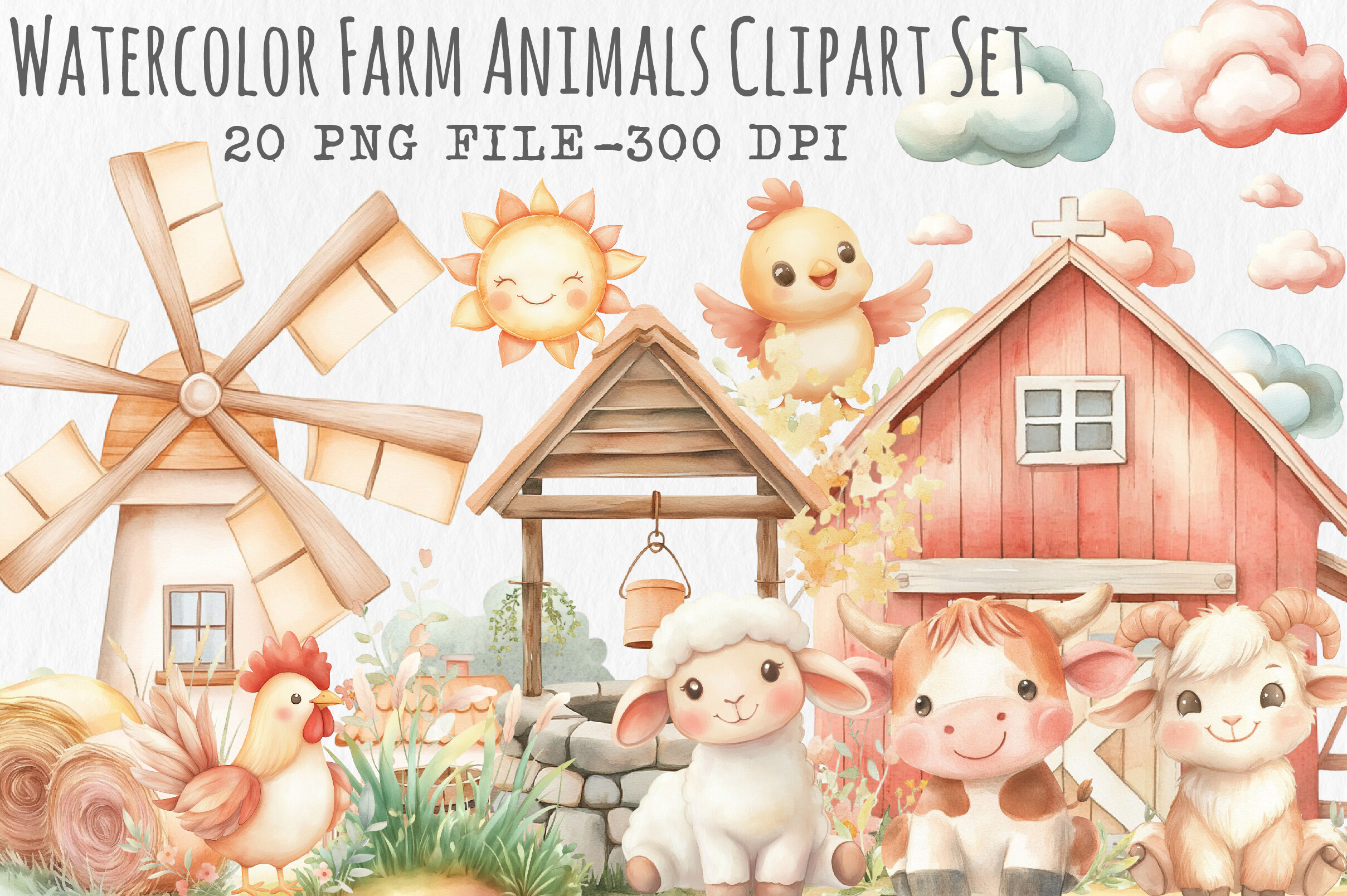 Watercolor Farm Animals Clipart Set