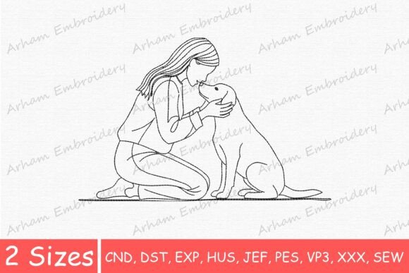 Woman with Pet Line Art, Dog Lover Girl