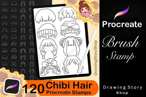 120 Procreate Hair Chibi Stamp Brushes Graphic Brushes By DrawingStoryShop