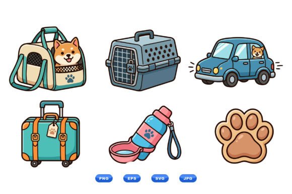 Cute Dog Travel Clipart Pack with suitcases, carriers, and travel-ready dogs