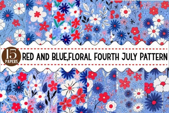 RED and BLUE,Floral Fourth July Pattern Grafica Modelli di Stampa Di PrintExpert