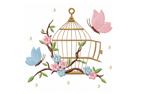 Birdcage with Butterflies Embroidery