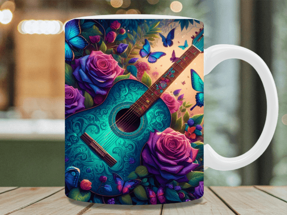 Teal Floral Guitar Butterfly Mug Wrap Graphics