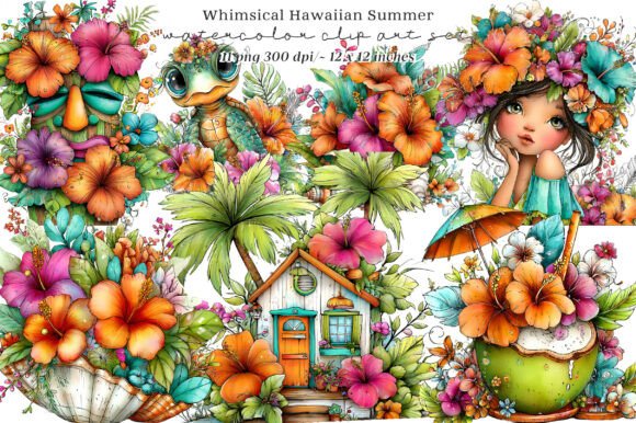 whimsical hawaiian summer clipart with tropical island elements, colorful beach png illustrations