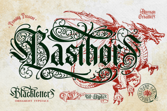 Preview specimen of Basthors blackletter font
