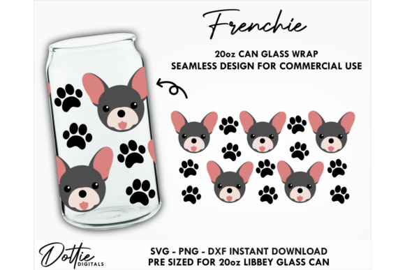 Frenchie 20oz Libbey glass can wrap SVG for vinyl wrapping iced coffee glassware