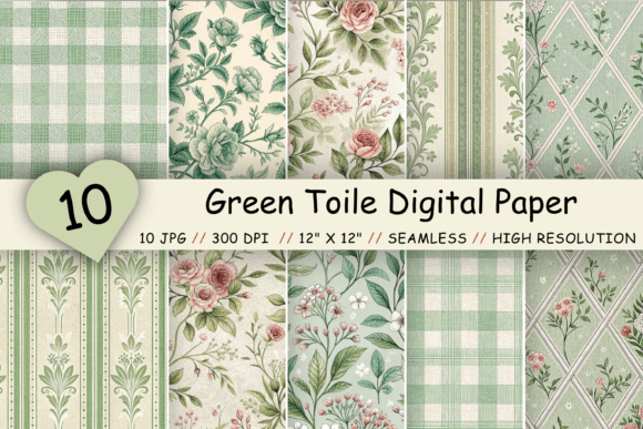Green Toile Digital Paper Pack, Vintage Graphic Patterns By Florid Printables