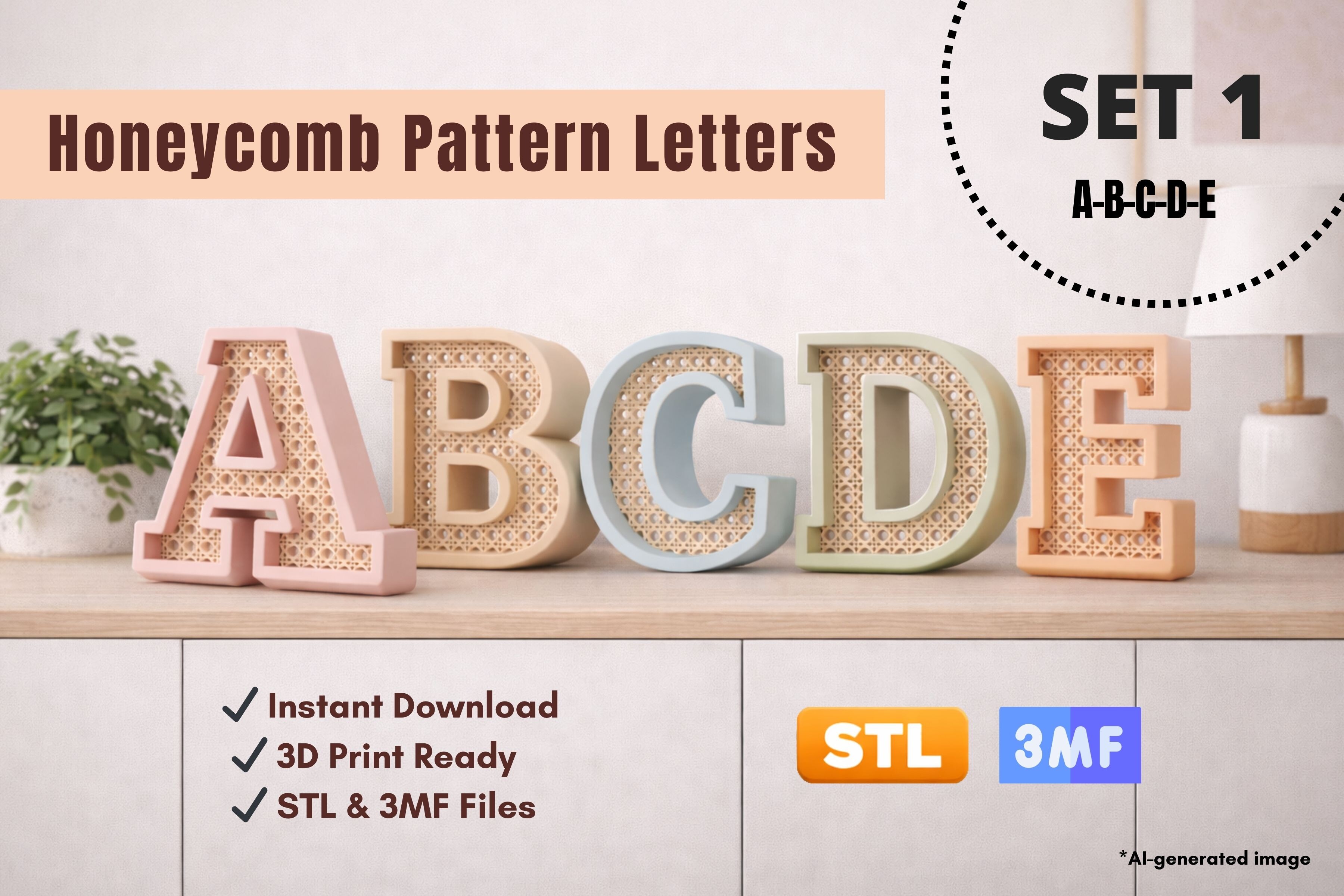 3D Printable Honeycomb Pattern Letters A-E | STL + 3MF Files - Image 3