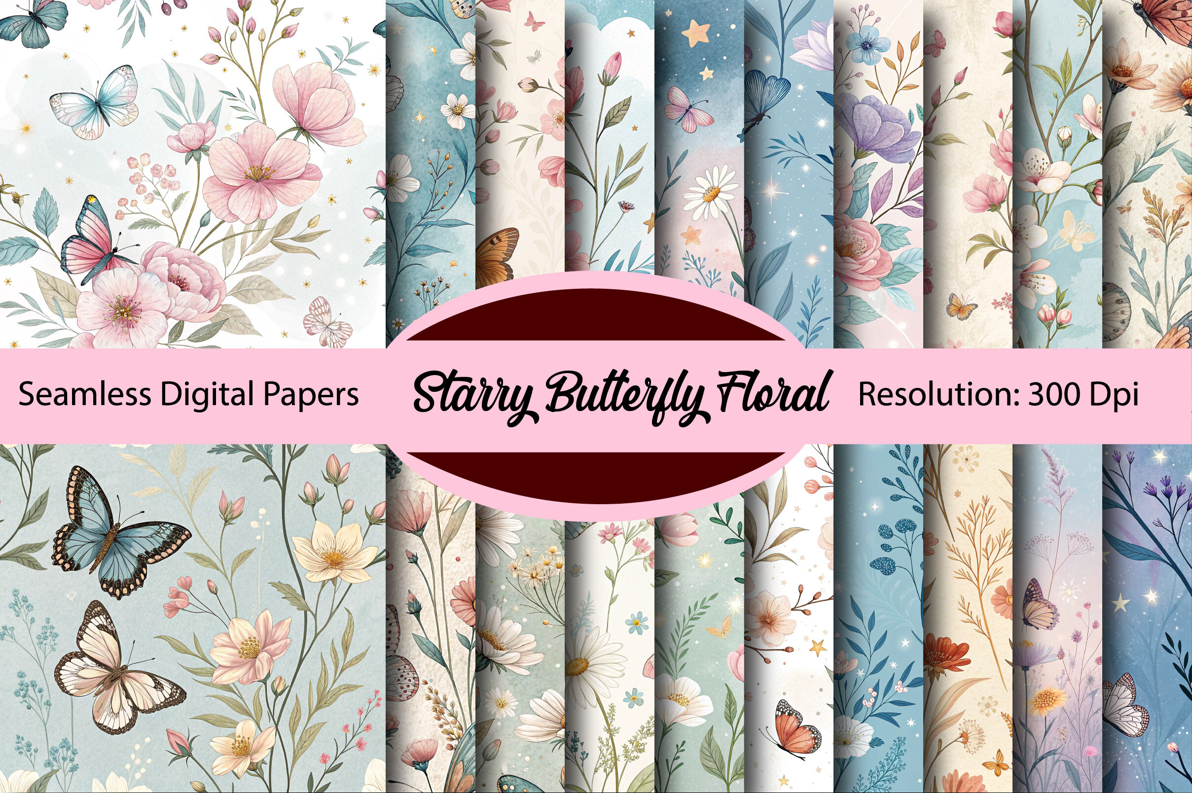 Starry Butterfly Floral Digital Paper Graphic by Colourful · Creative ...