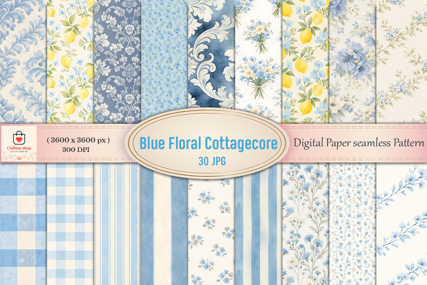 Blue Floral Cottagecore Digital Paper Graphic by Craftiqe-shop ...